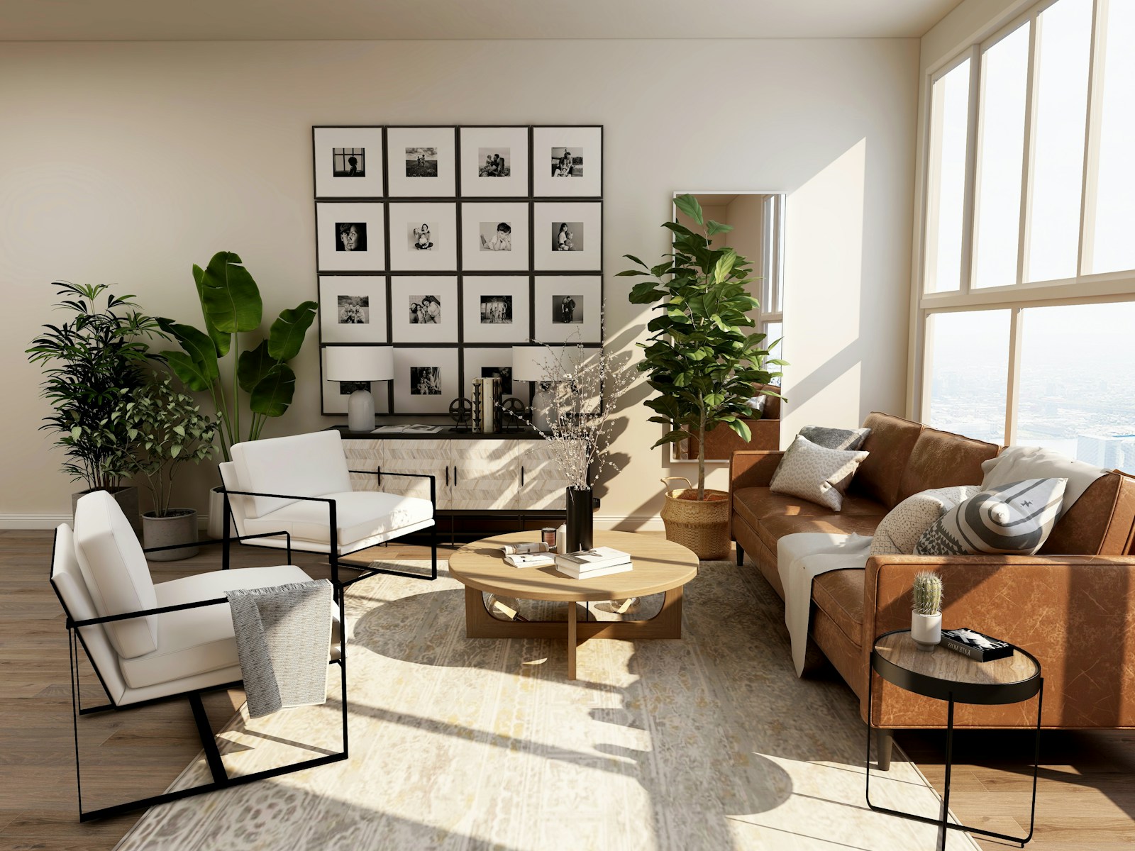 A bright, comfortable living room with sunlight and plants